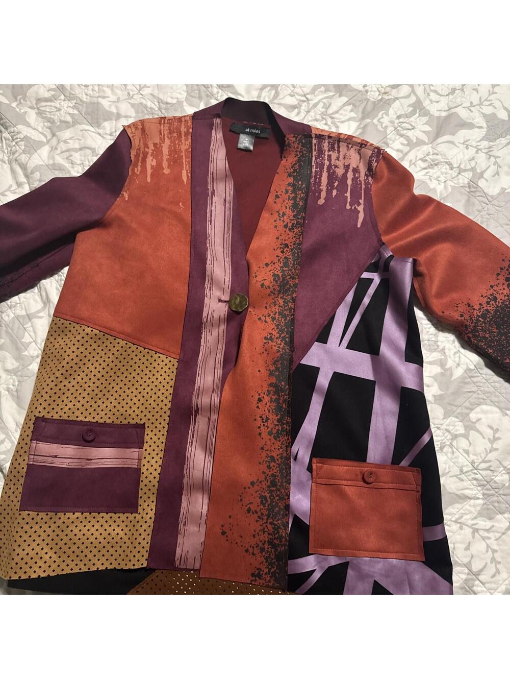 Ali Miles Art To Wear Jacket Microfiber Mixed Print Boho Unique Sz M